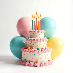 3D Happy birthday cake with candles and balloons 