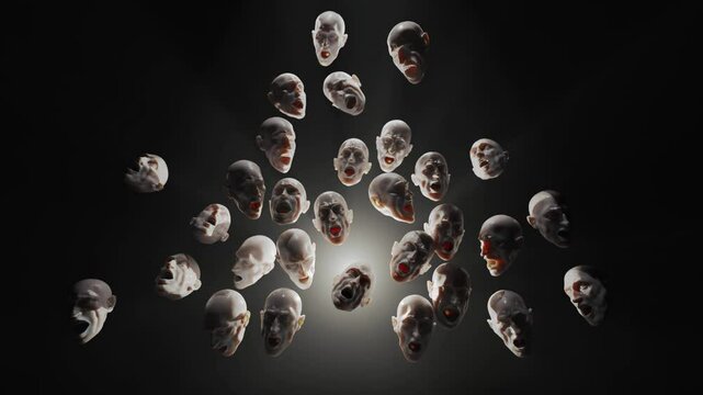 voices in my head and obsessive thoughts, 3D concept, a lot of human heads shaking and screaming