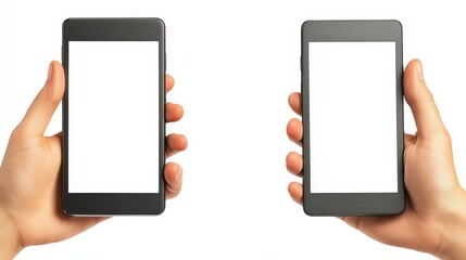 Two Hands Holding Smartphones with Empty Screens