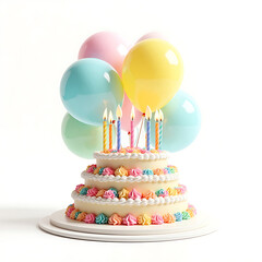 3D Happy birthday cake with candles and balloons 
