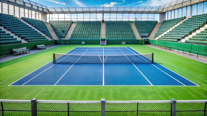 A large empty tennis court with vacant stands and a net stretching across the center of the court , recreation, tennis