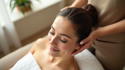 Fototapeta premium Head spa. Relaxed young woman with dark hair and closed eyes receiving ear massage in spa wellness center for stress relief and relaxation, calm atmosphere with soft natural light and neutral tones