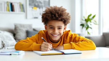 Smiling Boy Concentrating on Homework