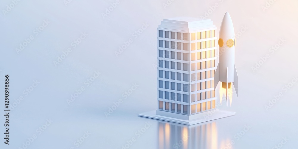 Poster career advancement concepts. modern building with a rocket, symbolizing innovation and progress.