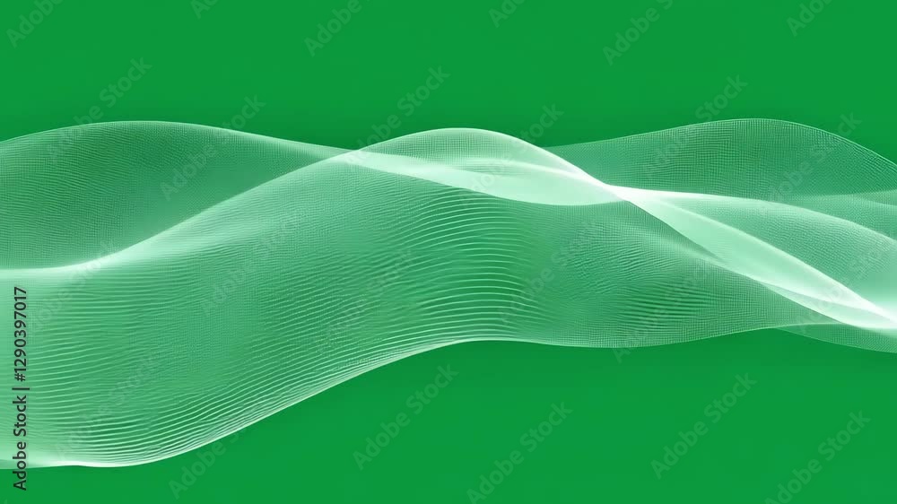 Poster digital white waves flowing dynamically across vivid green background, rendering sleek technological