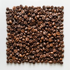 Obraz premium A Winding Trail of Roasted Coffee Beans Leading into a Stream of Ground Coffee on a Light, Neutral Background, Creating a Textural and Dynamic Composition with a Focus on the Different Forms of Coffee