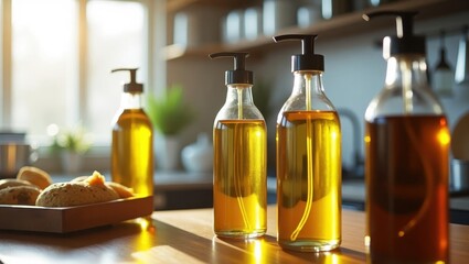 Oil dispenser bottle. Olive oil bottles glass jars with bread breakfas