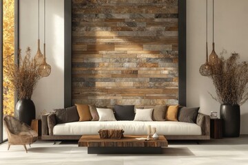 Modern Living Room with Wooden-Look Tile Wall