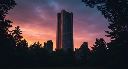 Modern Skyscraper at Sunset Framed by Trees Urban Landscape Photography