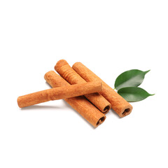 Cinnamon sticks with leaves on white background