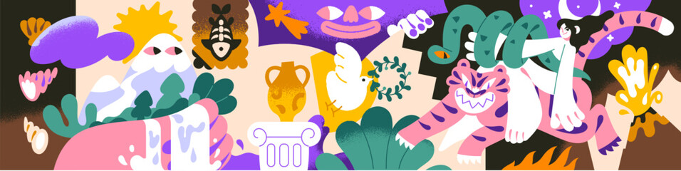 Colourful kids mural. Funny banner with abstract characters from dream, imagination. Design of fantasy wall art, whimsical background for nursery. Crazy childish backdrop. Flat vector illustration © Paper Trident