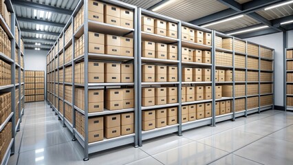 Organized storage unit with rows of labeled boxes on metal shelves