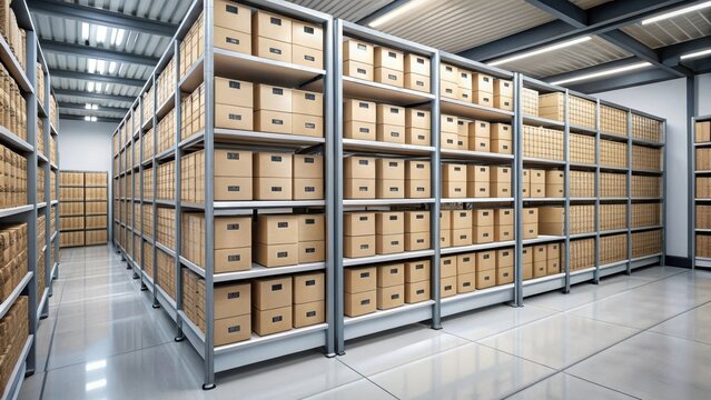 Organized storage unit with rows of labeled boxes on metal shelves