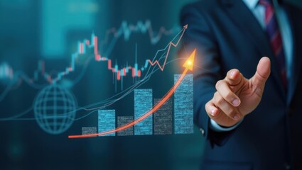 Customer success. Businessman hand blue suit pointing rising graph arr