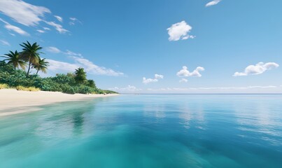 tropical island. With calm blue waters and little to no clouds in the bright blue sky, Generative AI