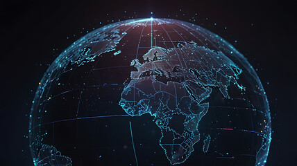A 3D digital globe illuminated by blue lines and points  