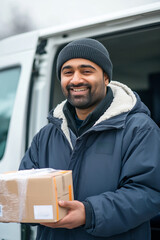Smiling Delivery Driver with Package in Front of Van on a Cold Day in South Asia