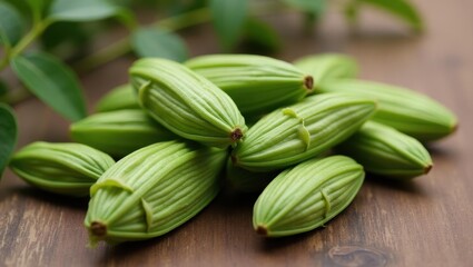 Green cardamom. Fresh green vanilla pods close-up on wooden table, natural organic spice ingredient for cooking and baking, rustic kitchen background with leaves, healthy exotic flavor, culinary herb