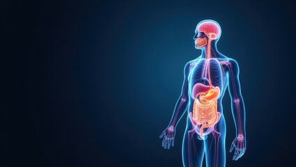 Gut brain axis. Human body is shown with highlighted organ and highlighted stomach