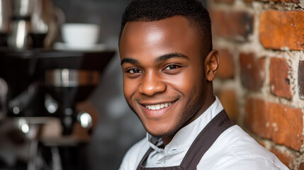 Fototapeta premium Young Black Barista Smiling While Preparing Fresh Coffee in a Cozy Café Setting