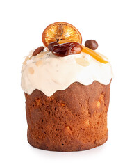 Easter cake with dried fruits on white background