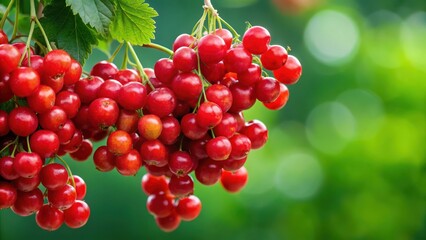 A lush cluster of plump, juicy red berries hanging from a green stem, with some berries slightly overripe and others still firm and tight, berries, summer harvest