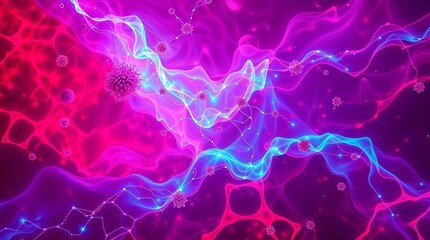 Bioluminescent science background wallpaper, surreal infrared tones, red and blue undertones, otherworldly appearance, vibrant glow, elegant refined features.