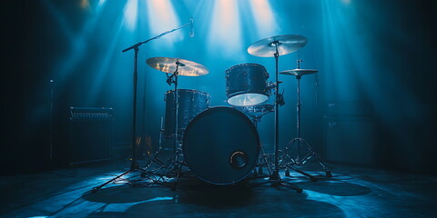 A drum set on stage illuminated by spotlights