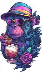 Funky Monkey with Cocktails and Flowers Illustration