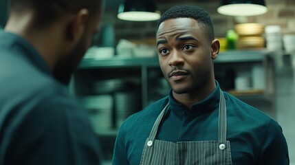Young Black Man Engaged in Culinary Learning Experience in Modern Restaurant Kitchen Setting