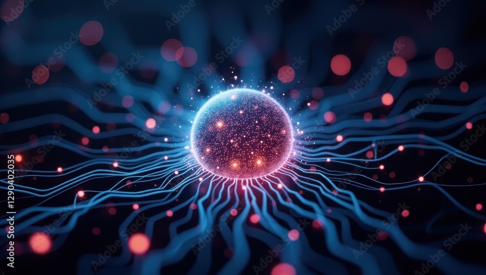 Poster quantum computing. ball is glowing in dark with many small dots