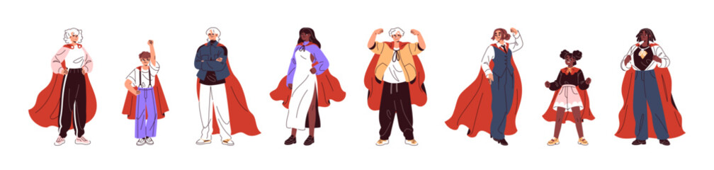Diverse people are superheroes set. Men, women and kids are wearing red cloak, stand with hand up. Brave characters with cape are super heroes. Flat isolated vector illustrations on white background