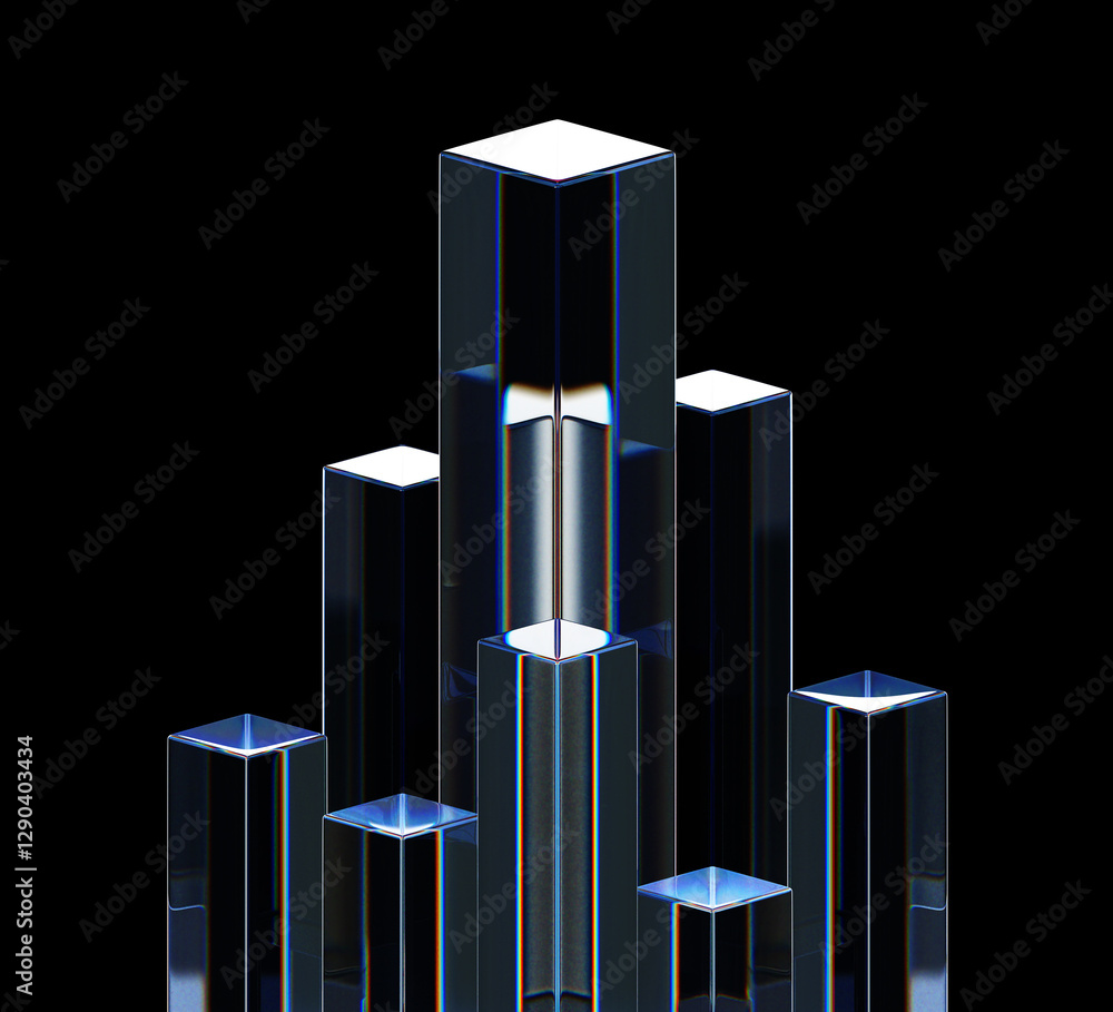 Poster 3d crystal glass pillars on black background. abstract transparent square columns with rainbow light