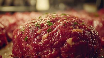 Raw beef patties on baking sheet, restaurant kitchen
