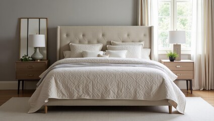 Boucle bed. Modern beige bed with white linens and wooden nightstands