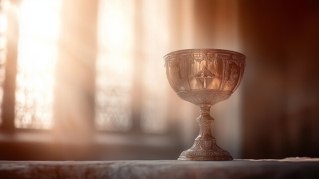 An elegant First Communion background featuring a chalice and host, bathed in soft golden light. The smooth gradient from cream to light gold makes it perfect for invitations or religious event poster