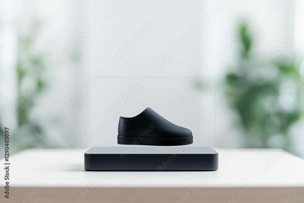 Poster E-commerce Platform Concepts. A black shoe on a display stand with a blurred background.