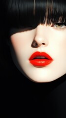 Naklejka premium Bold red lips and dark fringe hairstyle in high contrast close-up portrait