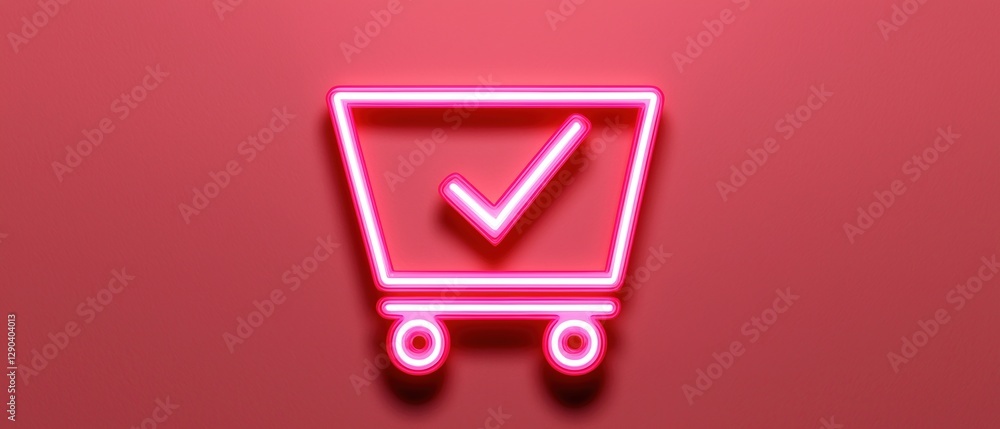Poster e-commerce platform concepts. neon shopping cart icon with a checkmark on a red background.