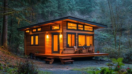 A beautifully lit tiny house cottage surrounded by lush green forest