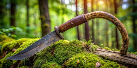 weathered sickle with rusty blade on wooden handle, overgrown with vines and moss