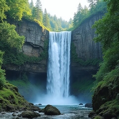 Serene Waterfall in a Lush Green Forest