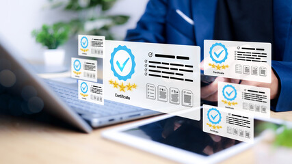 Business work and Assessment for the certificate concept, online survey exam and choose the right...