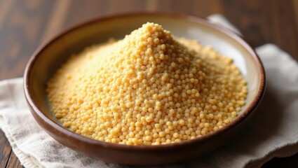 Kinako. Close-up yellow millet grains heap in bowl healthy natural foo