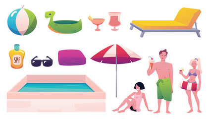 Beach or pool resort objects vector flat set, umbrella, sunbed, inflatable toys, swimming pool, people enjoy cocktails
