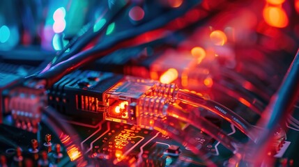 Close-up of network cables with fiber optical background, data transmission, high-speed connection, critical infrastructure, technology hub, digital communication, glowing circuits, internet backbone
