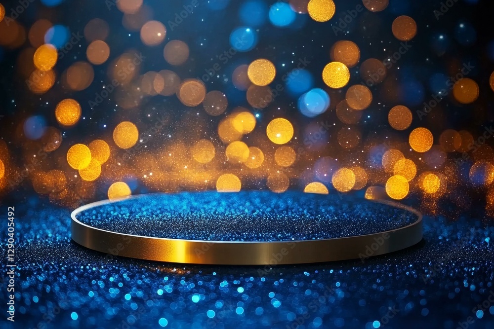Poster abstract bokeh background with blue glitter platform