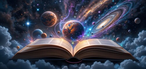 A Journey Through the Cosmos: An Open Book Revealing the Wonders of the Universe Beyond the Clouds and Stars, Full of Mystical Secrets.