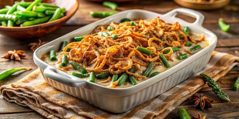 Golden brown casserole dish filled with green beans