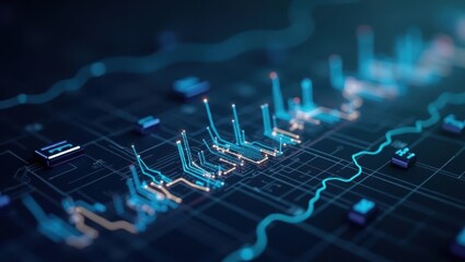 Software development company. Futuristic blue digital circuit board with glowing lines and data visualization, technology background for innovation, networking, electronics, finance, abstract high-te